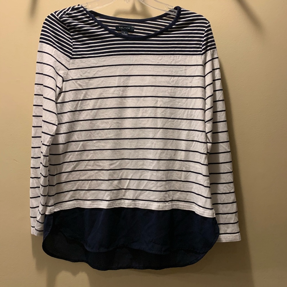 Navy and White Striped Women’s Nautica Top Sz L